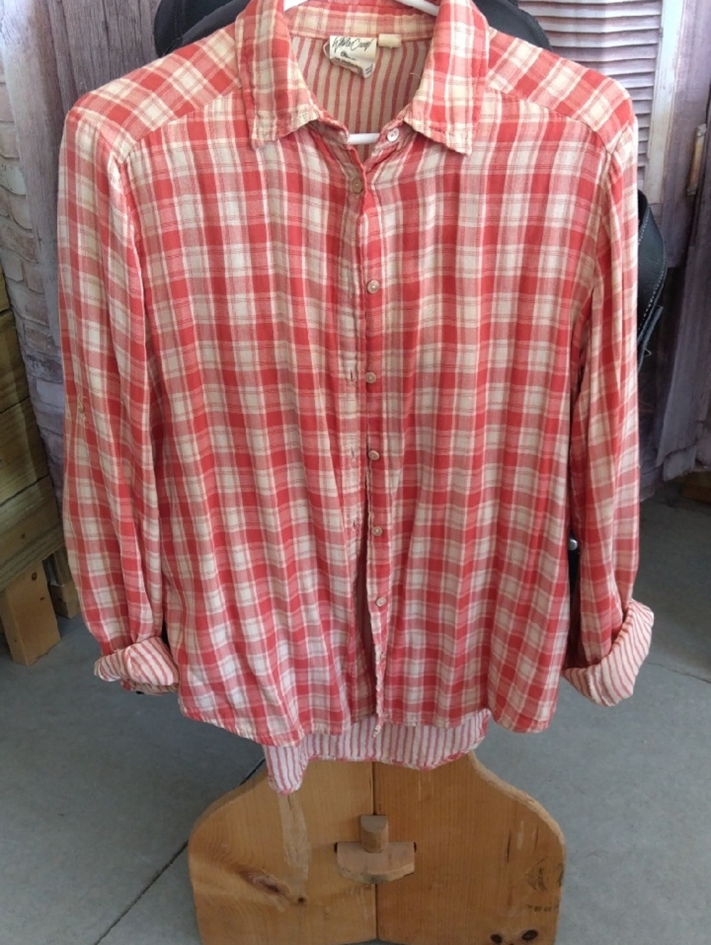White Crow Coral,Orange& Cream Plaid Button-Down Shirt